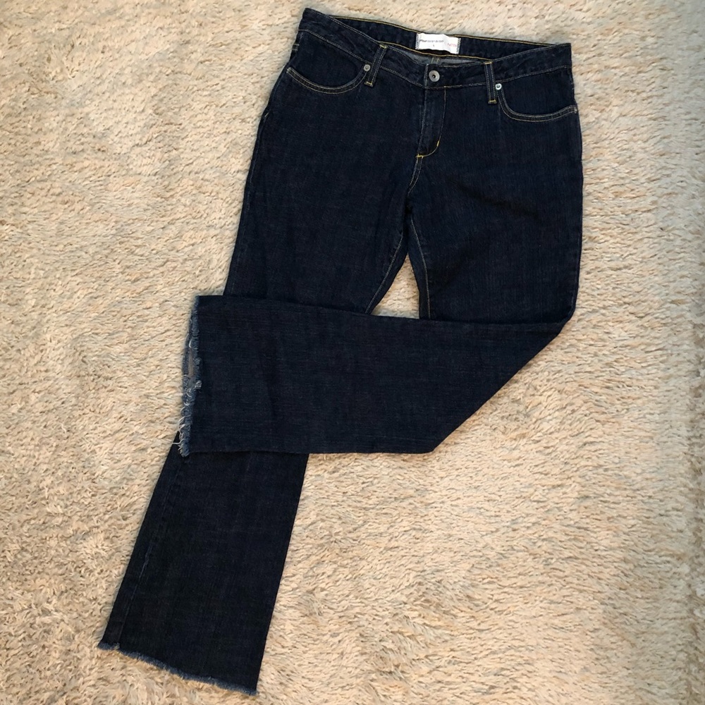 PAPER DENIM & CLOTH Raw & Distressed Hem Dark Rinse Mid-Rise Flare